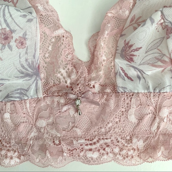 La Vie En Rose Lace Trimmed Bralette Pale Pink Floral Size Medium - Picture 3 of 5